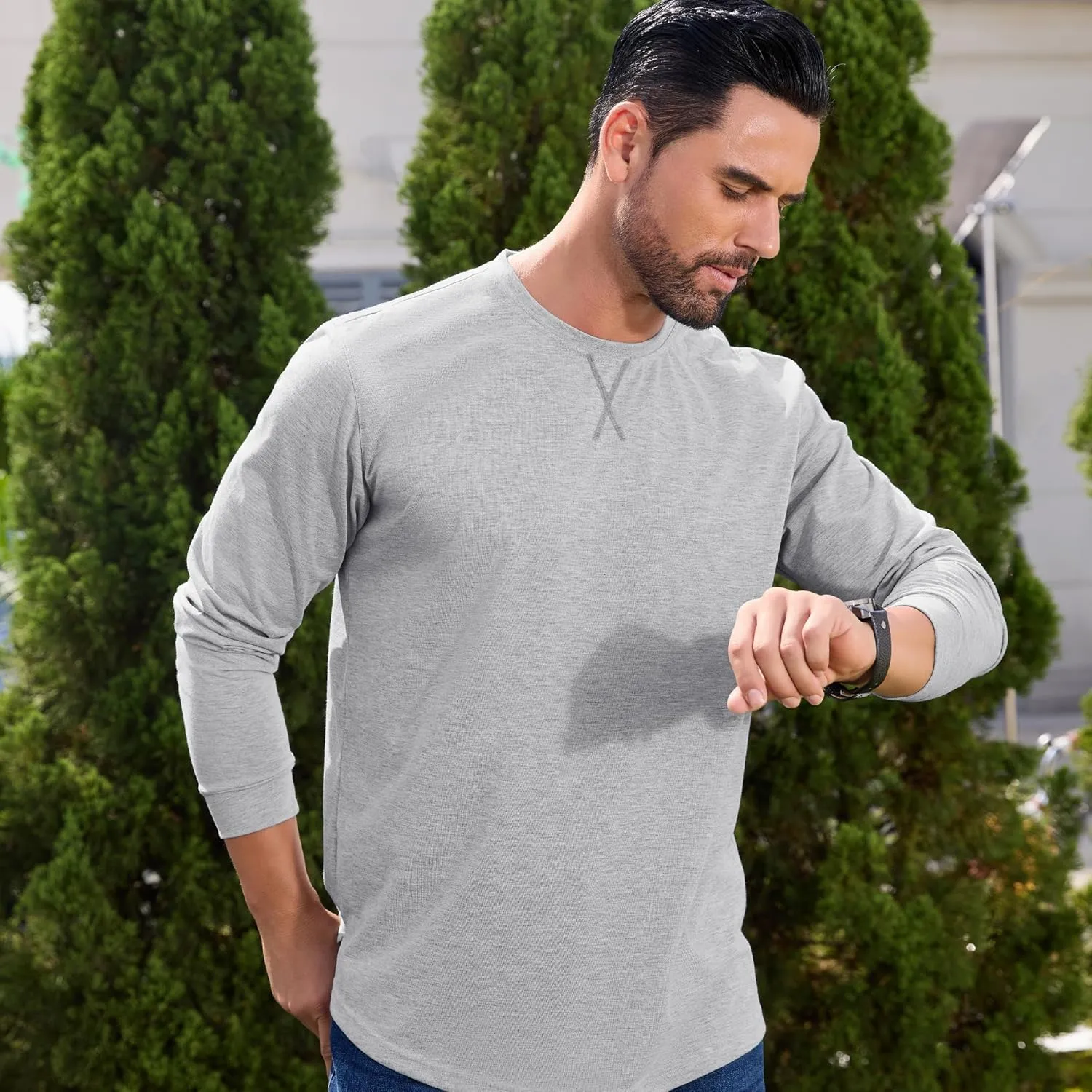 TEZO Mens 3 Pack Cotton Plain T Shirts Crew Neck Long Sleeve Casual Tee Shirts Hipster Hip Hop Longline Droptail Shirt