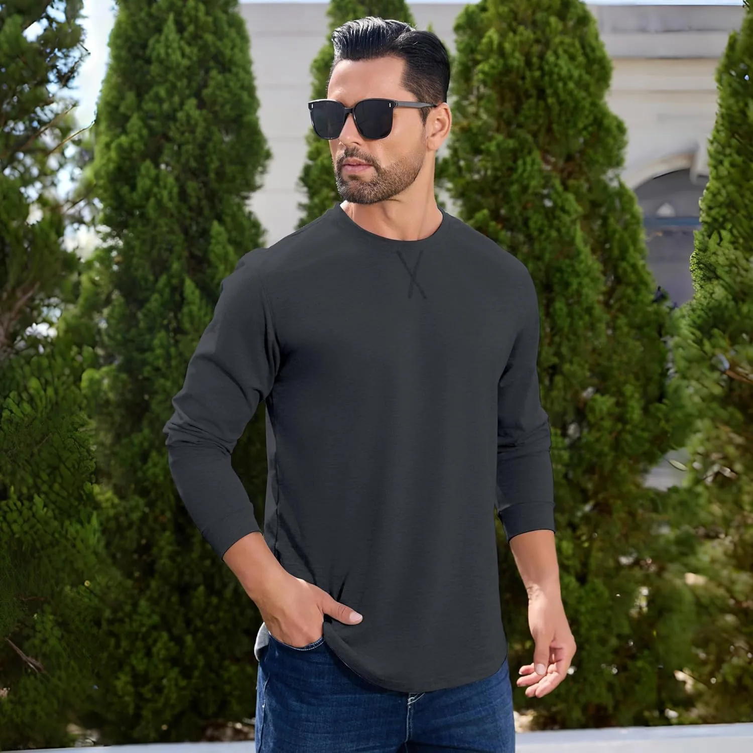 TEZO Mens 3 Pack Cotton Plain T Shirts Crew Neck Long Sleeve Casual Tee Shirts Hipster Hip Hop Longline Droptail Shirt