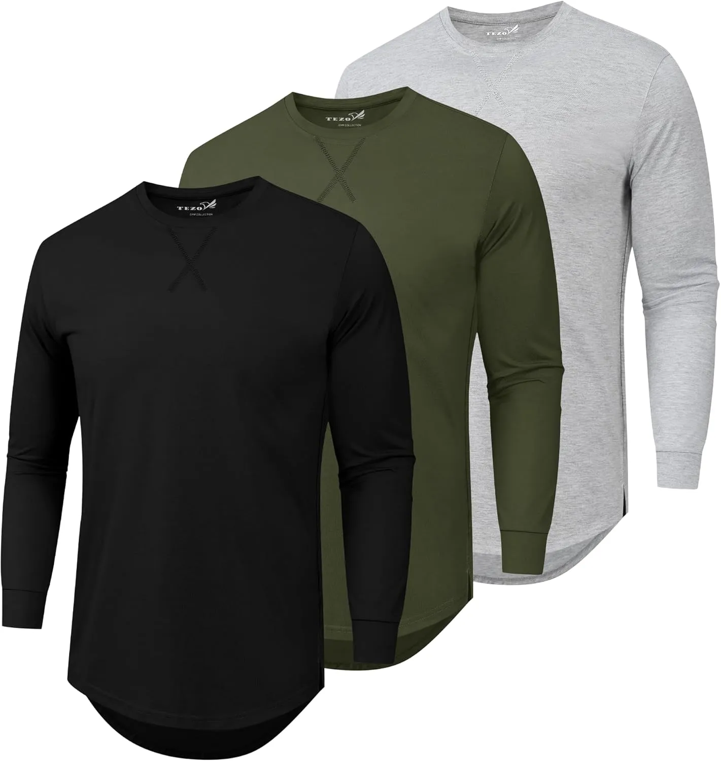 TEZO Mens 3 Pack Cotton Plain T Shirts Crew Neck Long Sleeve Casual Tee Shirts Hipster Hip Hop Longline Droptail Shirt