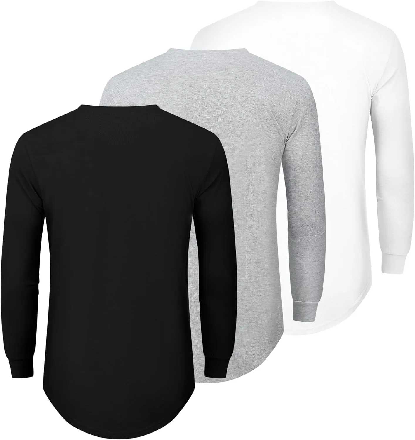 TEZO Mens 3 Pack Cotton Plain T Shirts Crew Neck Long Sleeve Casual Tee Shirts Hipster Hip Hop Longline Droptail Shirt
