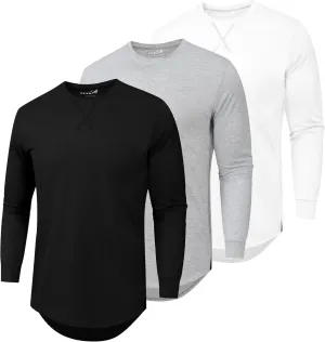 TEZO Mens 3 Pack Cotton Plain T Shirts Crew Neck Long Sleeve Casual Tee Shirts Hipster Hip Hop Longline Droptail Shirt