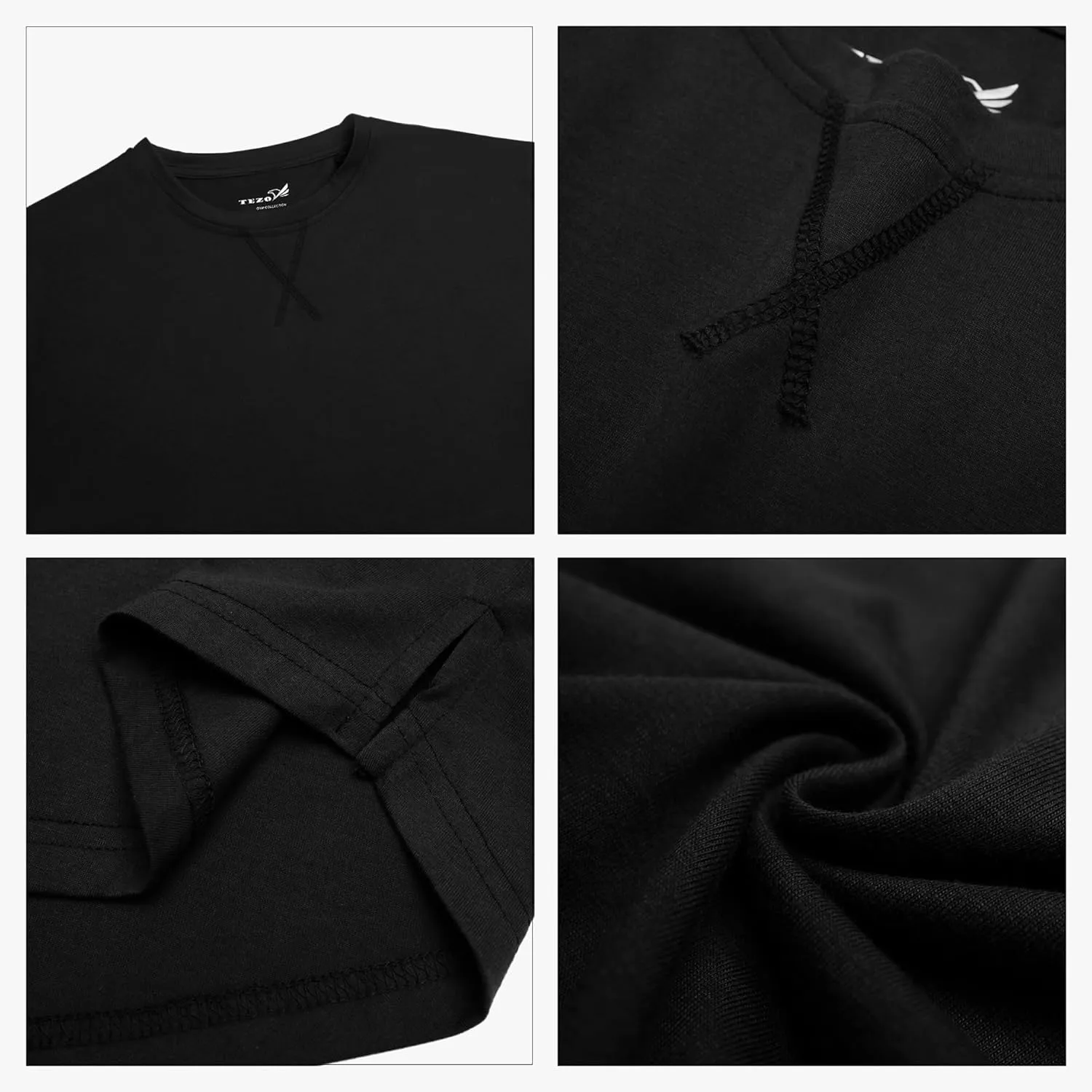TEZO Mens 3 Pack Cotton Plain T Shirts Crew Neck Long Sleeve Casual Tee Shirts Hipster Hip Hop Longline Droptail Shirt