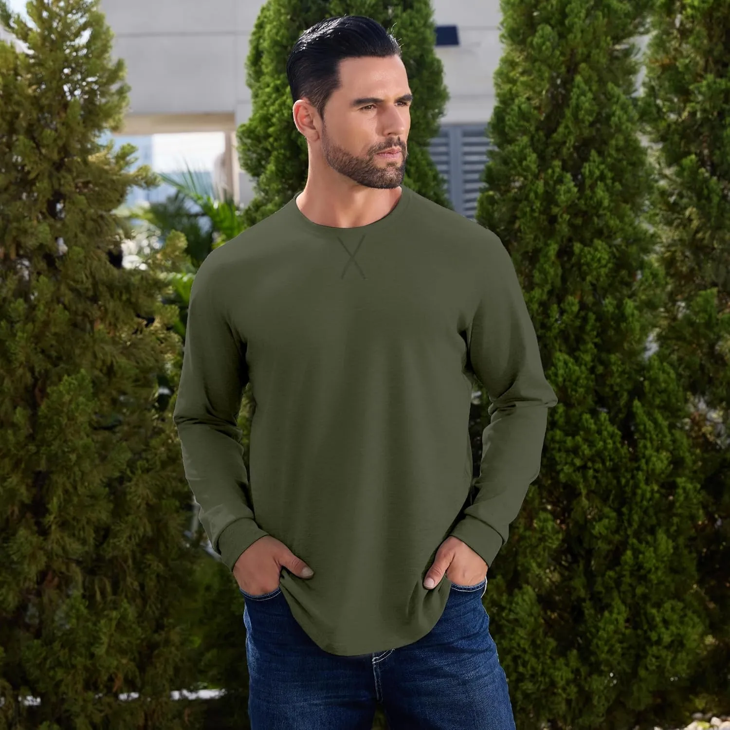 TEZO Mens 3 Pack Cotton Plain T Shirts Crew Neck Long Sleeve Casual Tee Shirts Hipster Hip Hop Longline Droptail Shirt