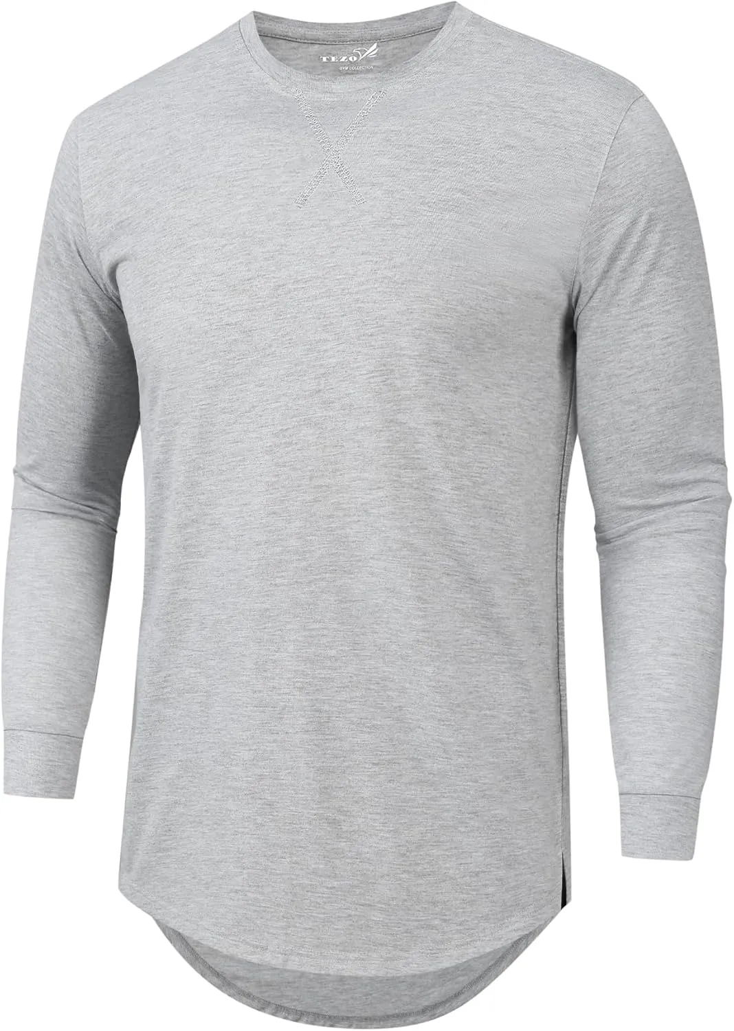 TEZO Mens 3 Pack Cotton Plain T Shirts Crew Neck Long Sleeve Casual Tee Shirts Hipster Hip Hop Longline Droptail Shirt