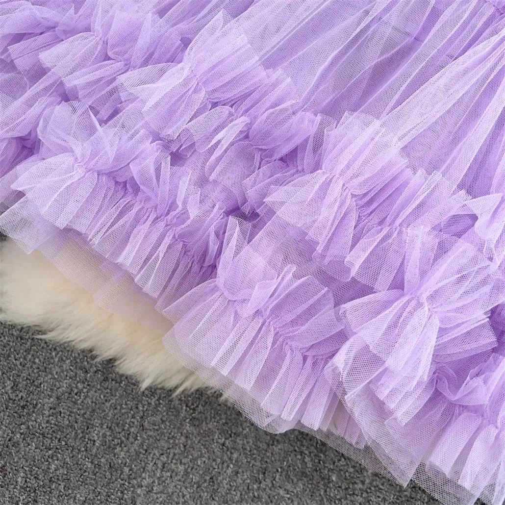 Tiered Maxi Tulle Skirt for Women 92Cm Floor-Length Female A-Line Skirts
