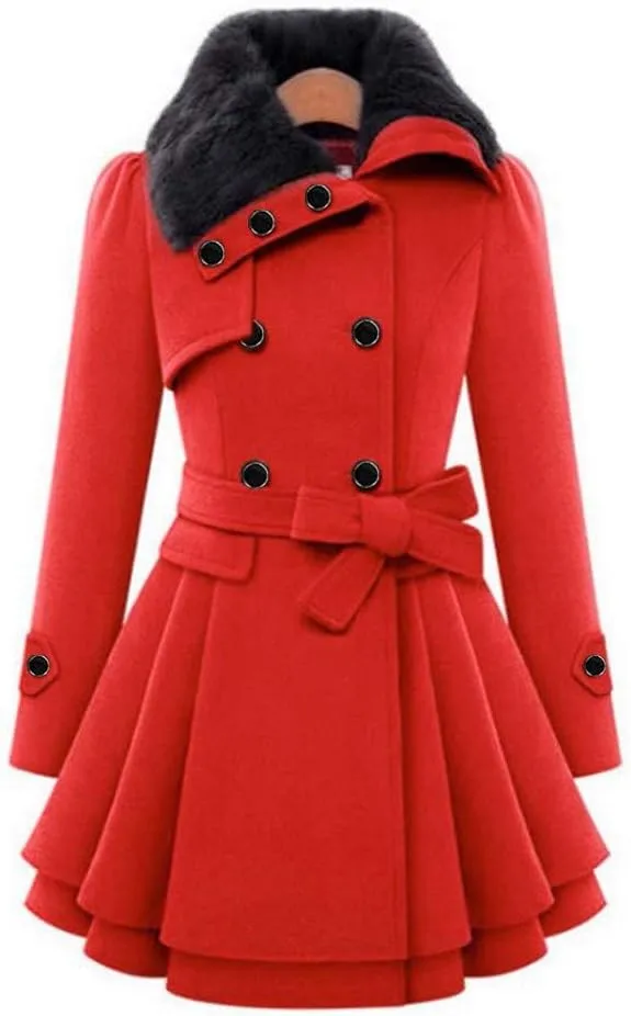 Trench Coat Women Winter Long Sleeve Double Breasted Belted Dress Jacket Casual Warm Personality Plush Overcoats