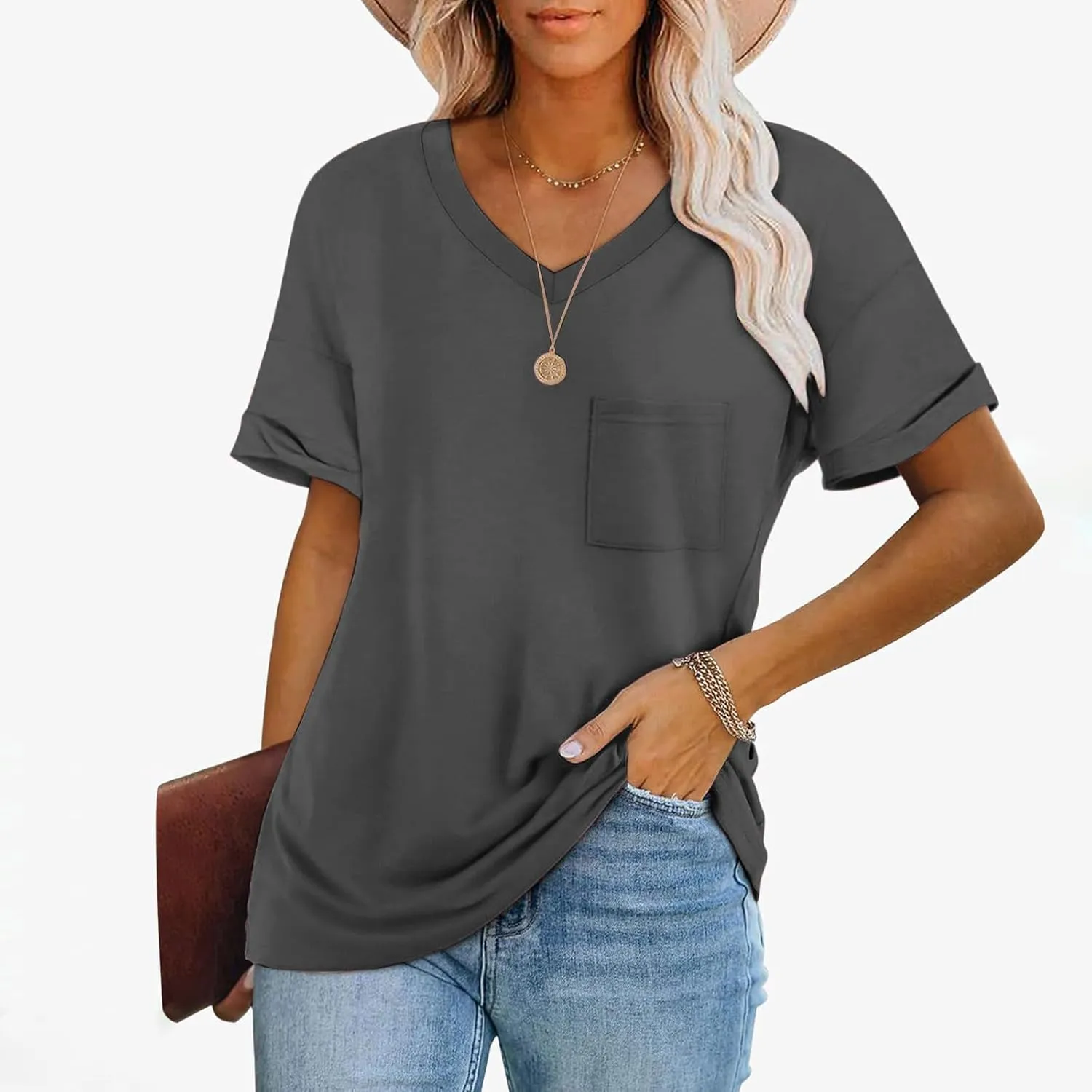 Tshirts Shirts for Women Short Sleeve Comfy Roll Tops with Pocket Casual V Neck Slim Fit Daily Gym Workout Blouses