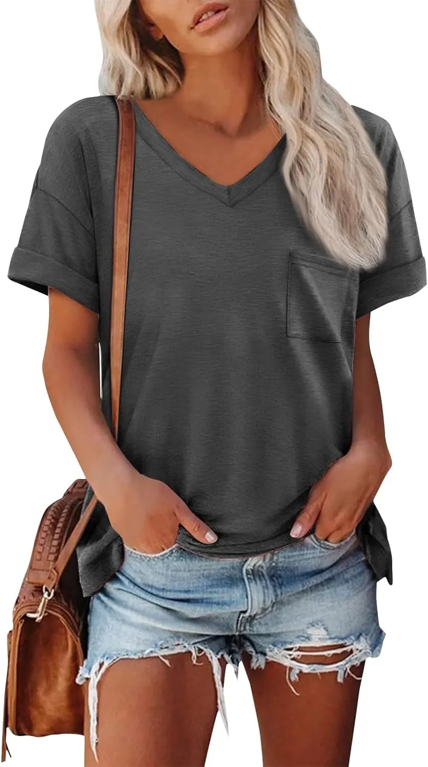 Tshirts Shirts for Women Short Sleeve Comfy Roll Tops with Pocket Casual V Neck Slim Fit Daily Gym Workout Blouses