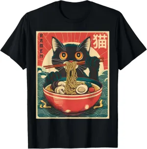 Unisex-Adults Unisex-Kids Kawaii Cat Anime Gifts Cat Ramen Graphic Tee Japanese Funny T-Shirt