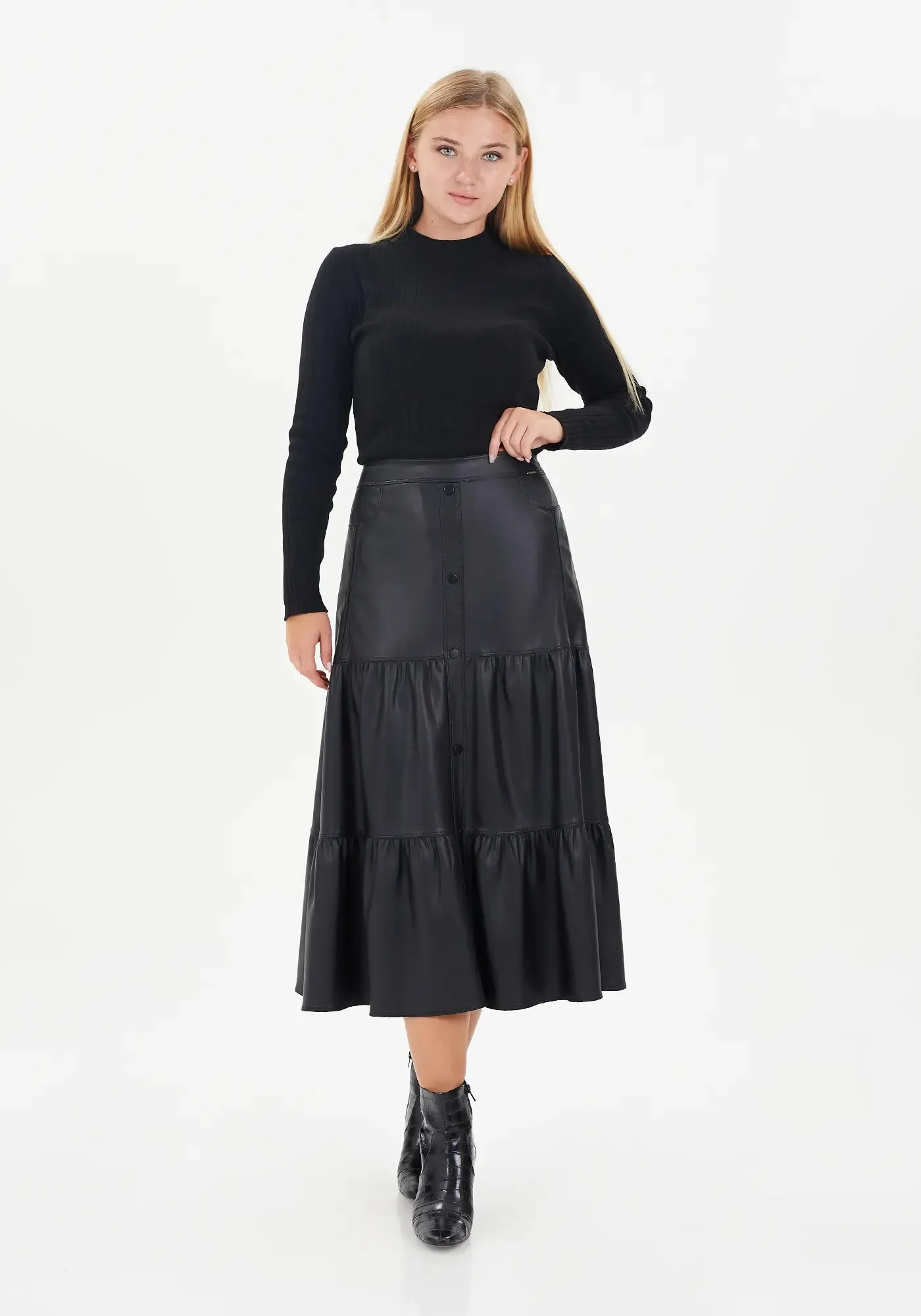 Vegan Leather Midi Skirt with Button Details and Pockets