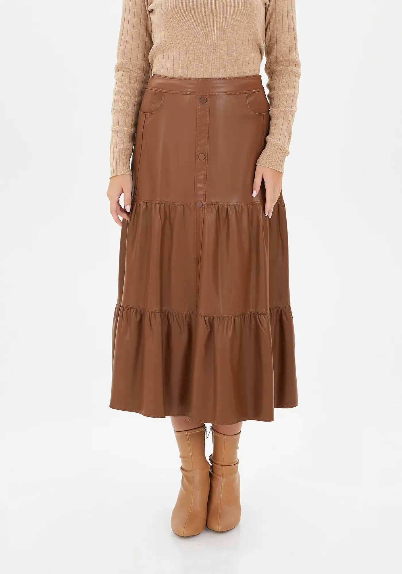 Vegan Leather Midi Skirt with Button Details and Pockets