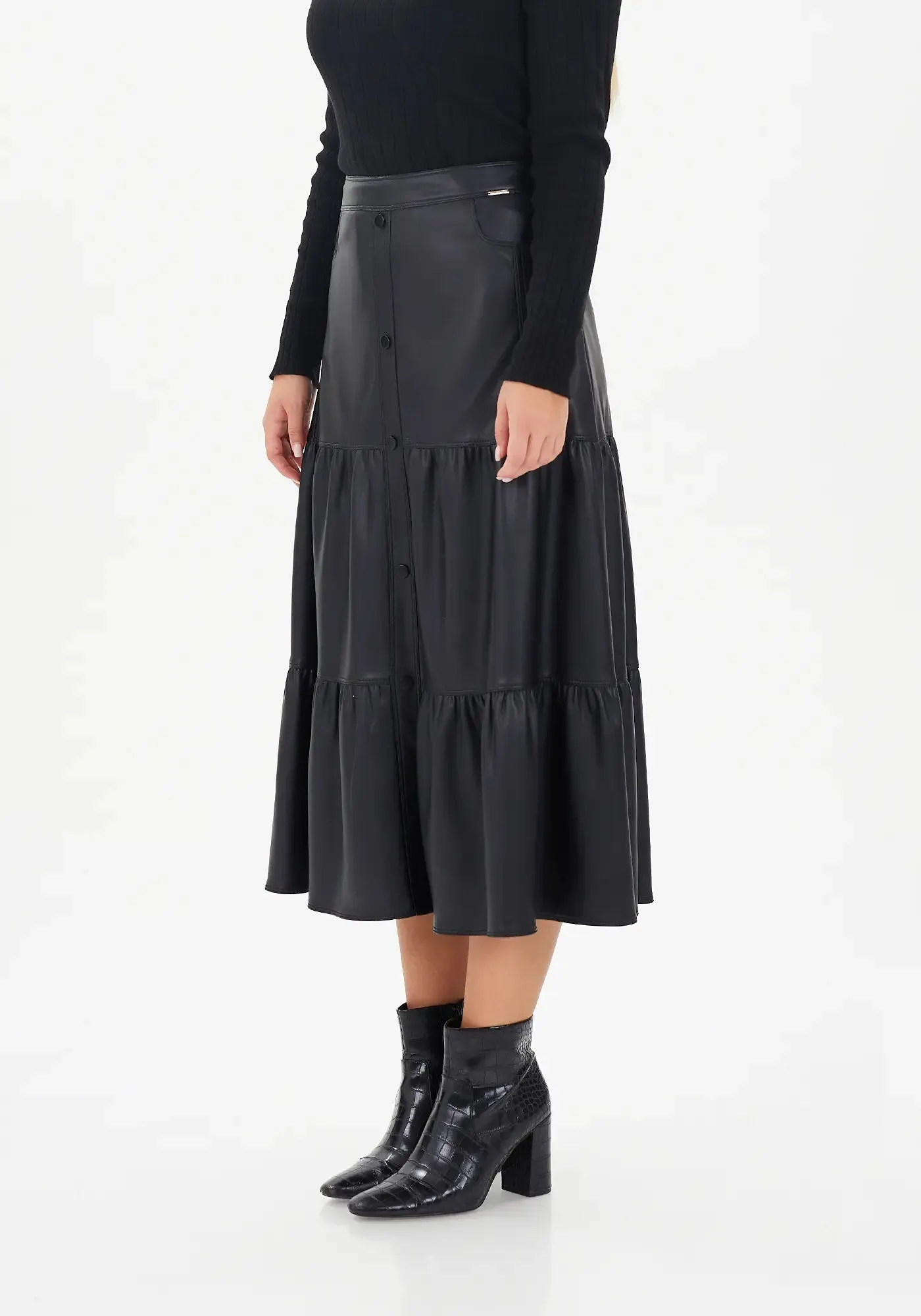 Vegan Leather Midi Skirt with Button Details and Pockets