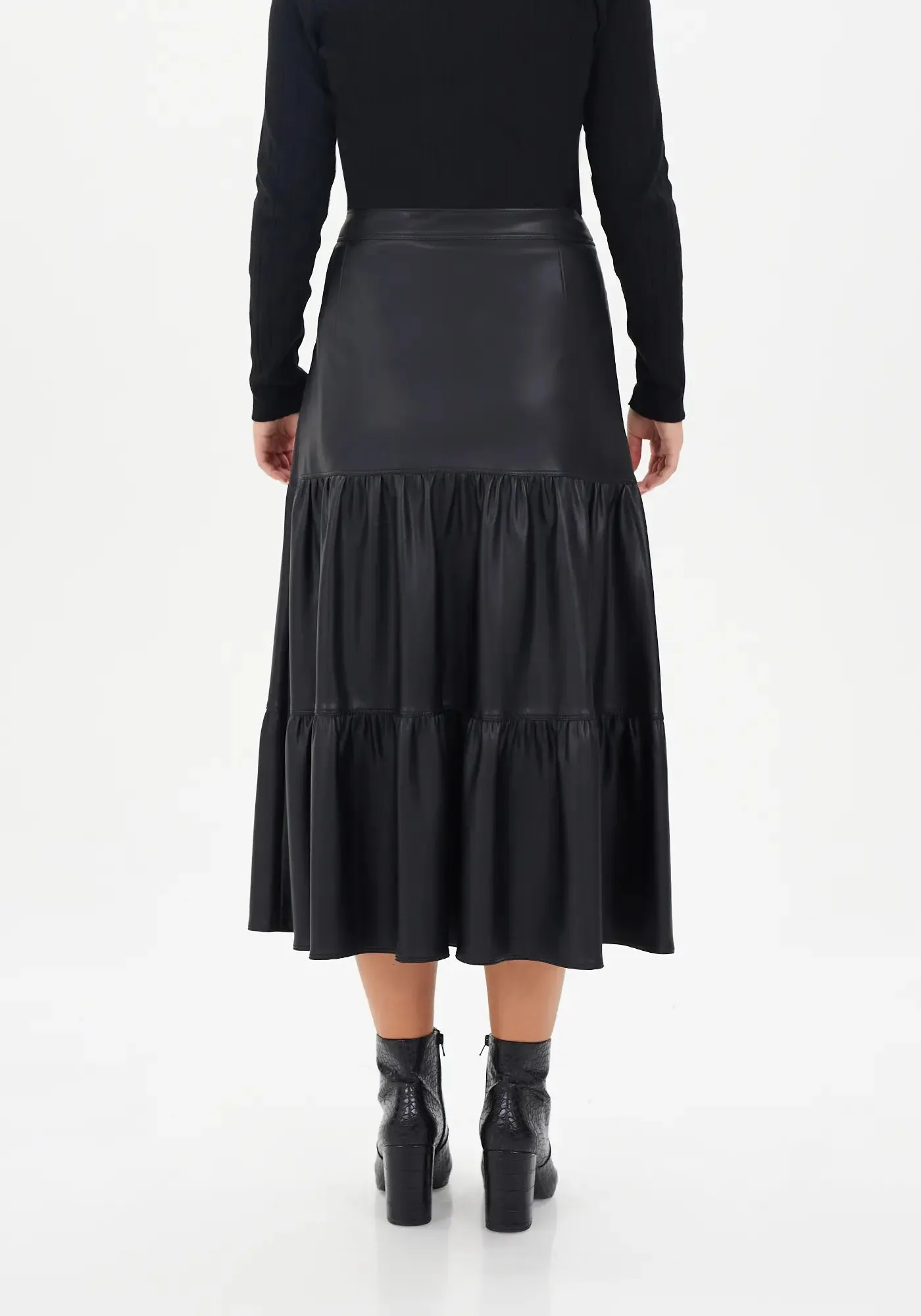 Vegan Leather Midi Skirt with Button Details and Pockets