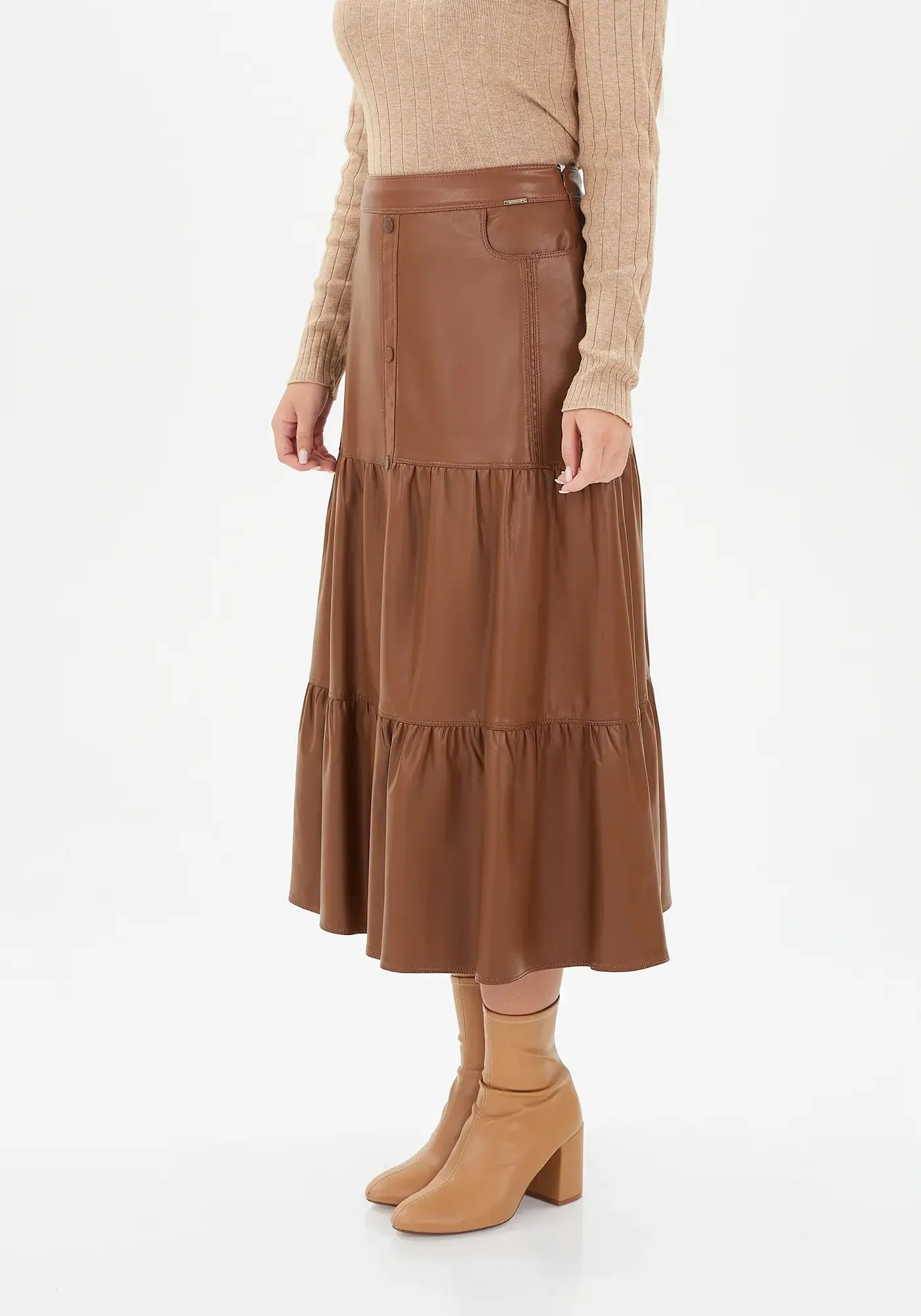 Vegan Leather Midi Skirt with Button Details and Pockets