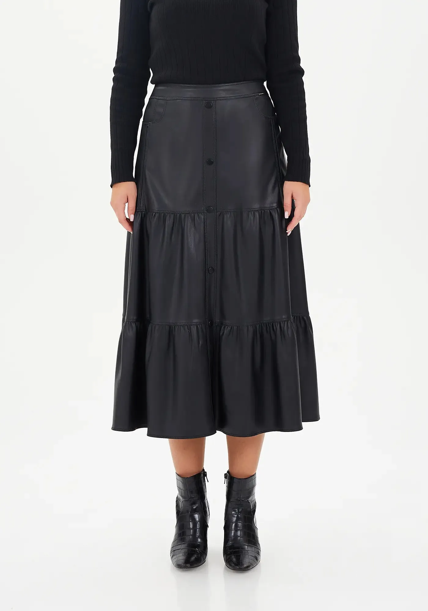 Vegan Leather Midi Skirt with Button Details and Pockets
