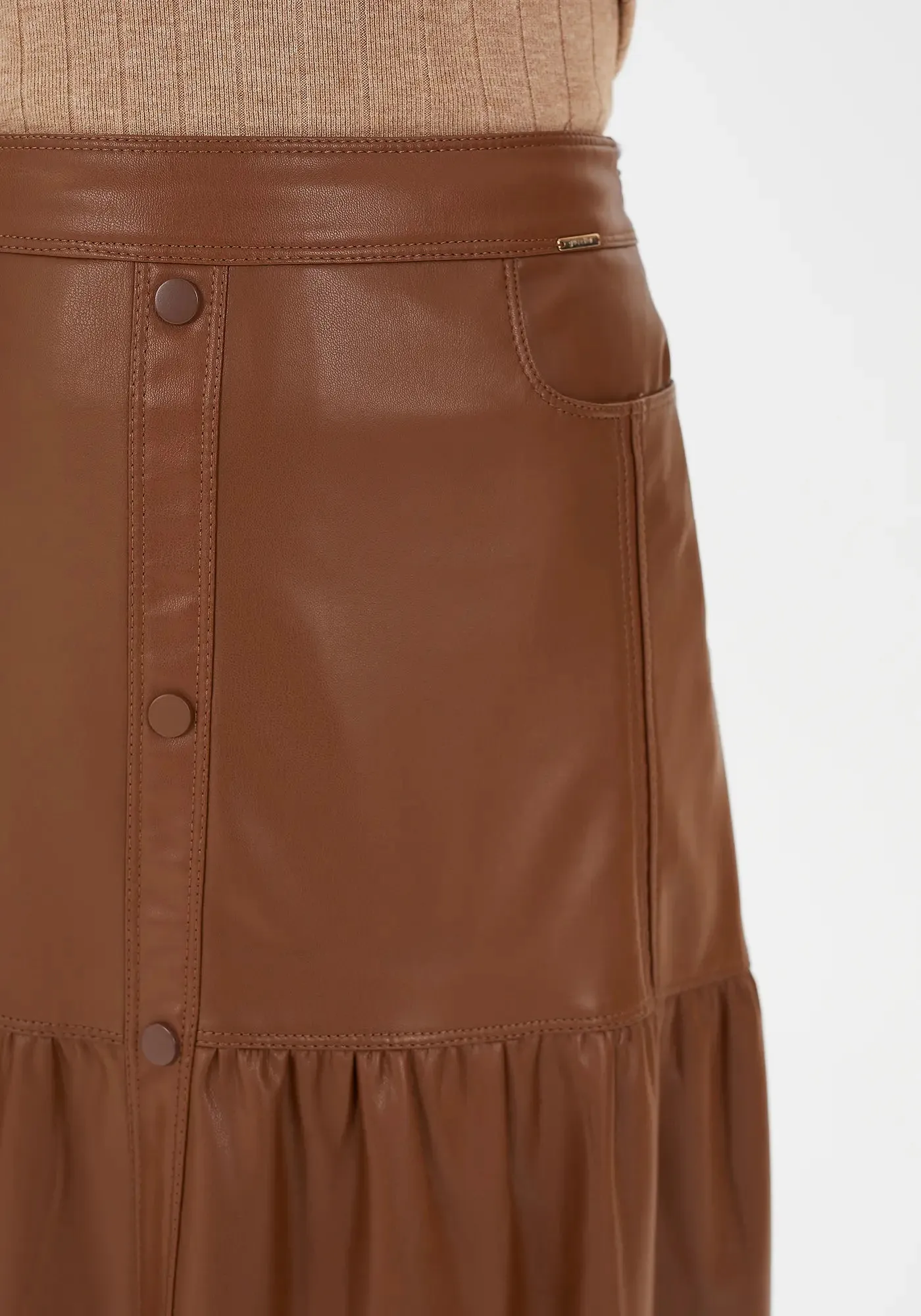 Vegan Leather Midi Skirt with Button Details and Pockets