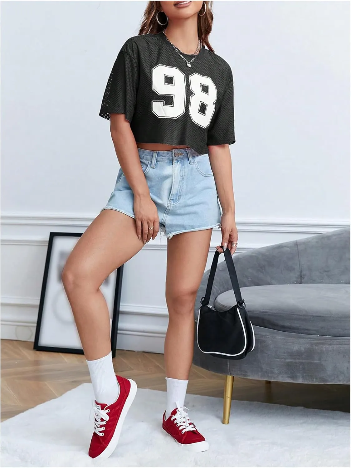 Verdusa Women's Cropped Jersey Shirts Graphic Tees Waffle Short Sleeve Vintage T Shirts Crop Tops