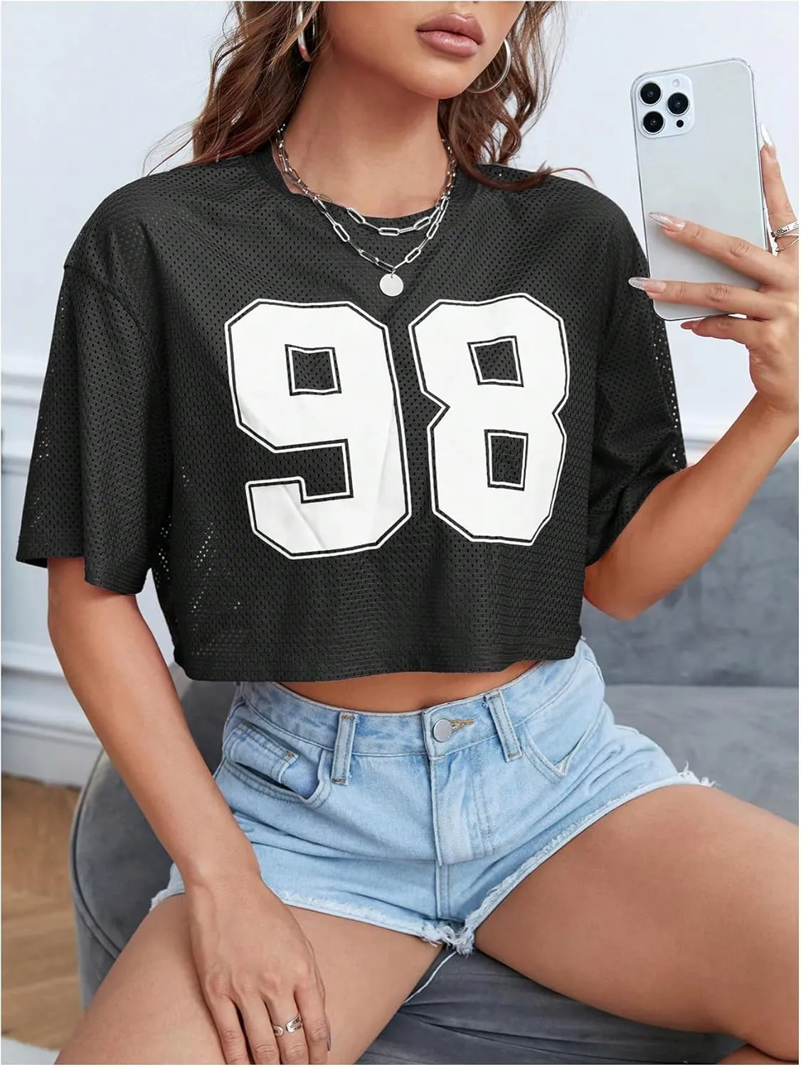 Verdusa Women's Cropped Jersey Shirts Graphic Tees Waffle Short Sleeve Vintage T Shirts Crop Tops