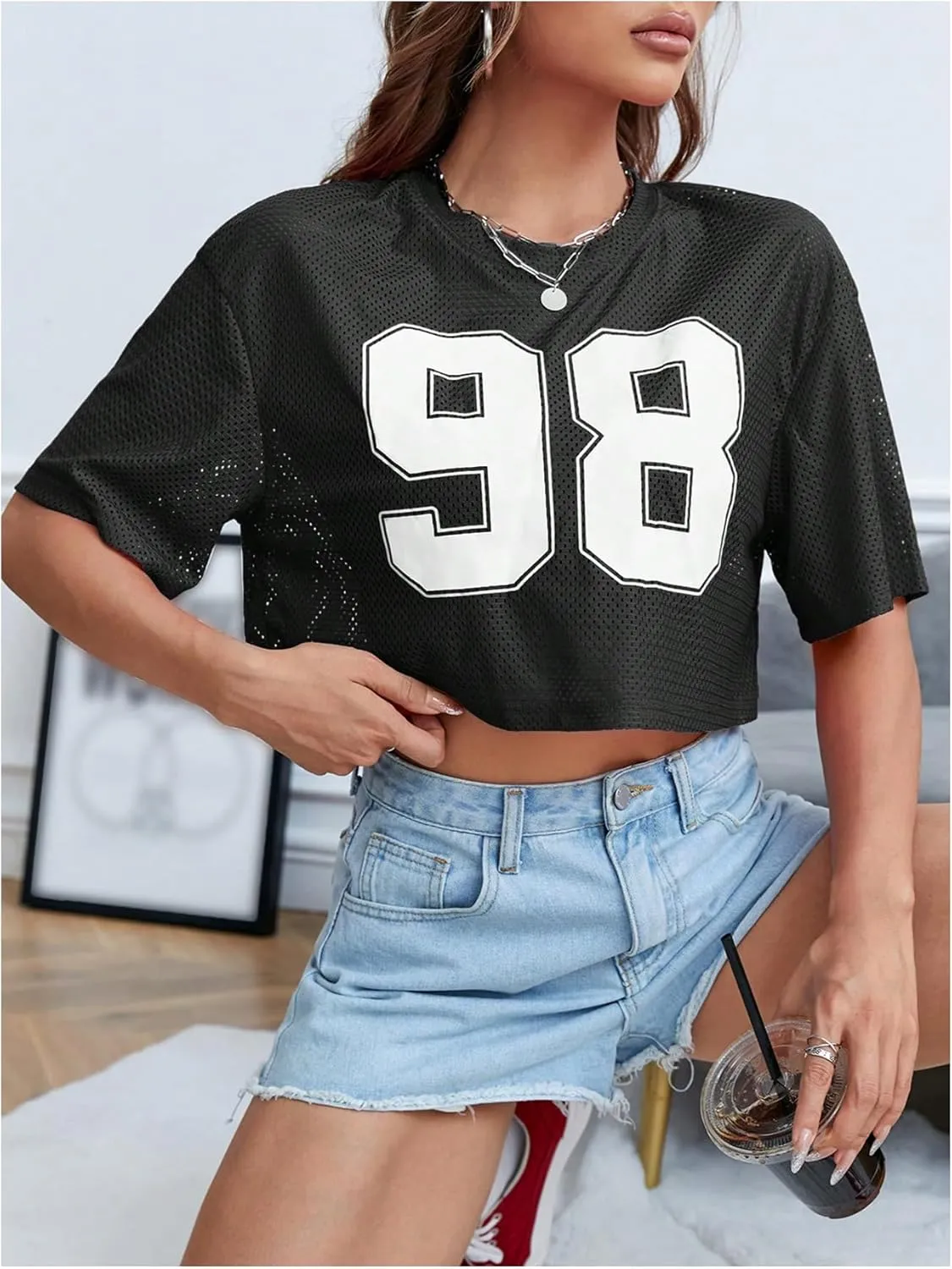 Verdusa Women's Cropped Jersey Shirts Graphic Tees Waffle Short Sleeve Vintage T Shirts Crop Tops
