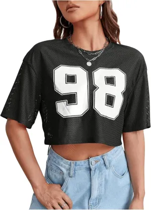 Verdusa Women's Cropped Jersey Shirts Graphic Tees Waffle Short Sleeve Vintage T Shirts Crop Tops