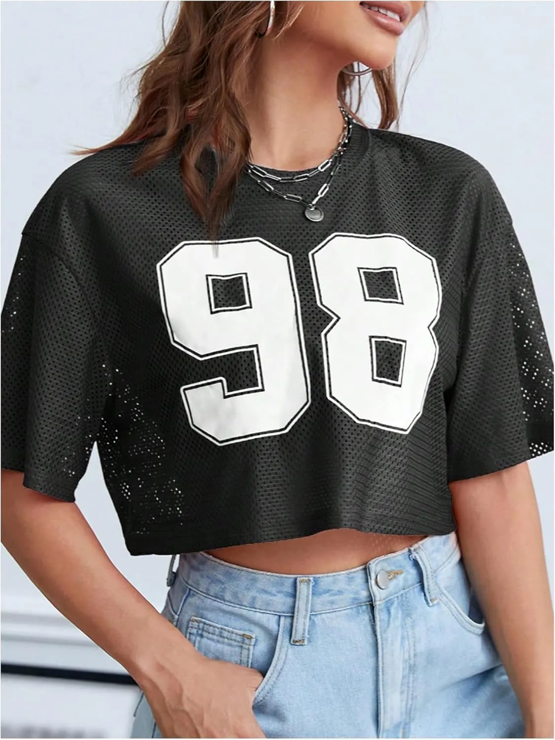 Verdusa Women's Cropped Jersey Shirts Graphic Tees Waffle Short Sleeve Vintage T Shirts Crop Tops