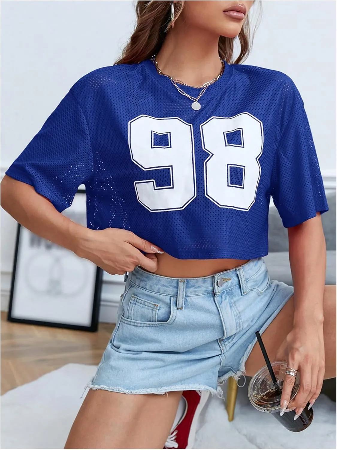 Verdusa Women's Cropped Jersey Shirts Graphic Tees Waffle Short Sleeve Vintage T Shirts Crop Tops
