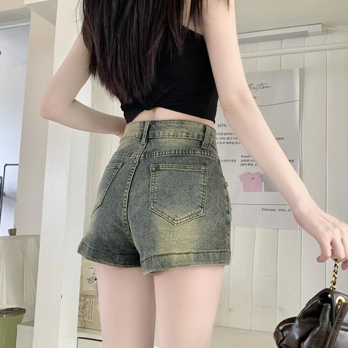 Vintage Harajuku Women's High Waisted Jeans Short Y2K Streetwear Gothic Gradual Slim Denim Shorts
