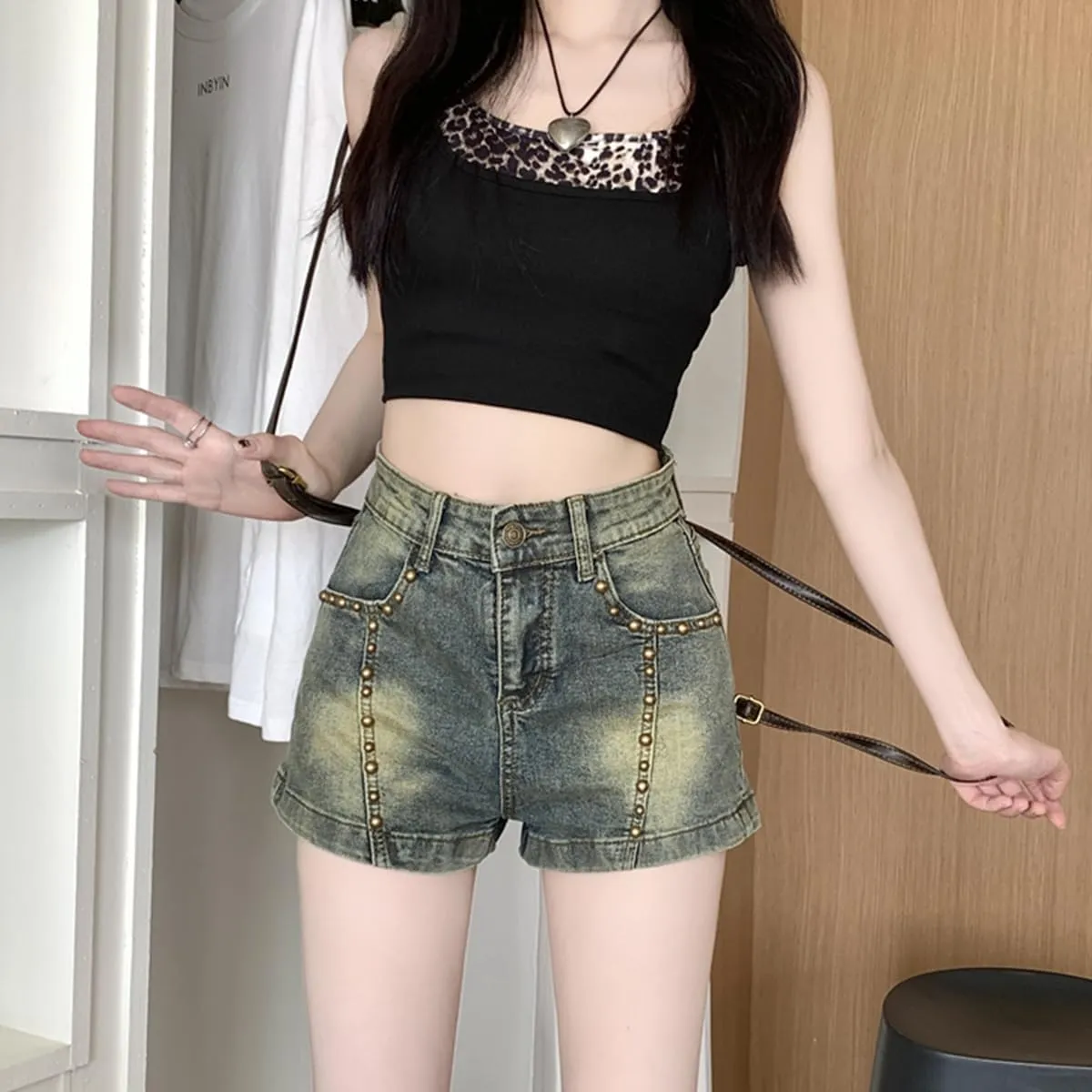 Vintage Harajuku Women's High Waisted Jeans Short Y2K Streetwear Gothic Gradual Slim Denim Shorts