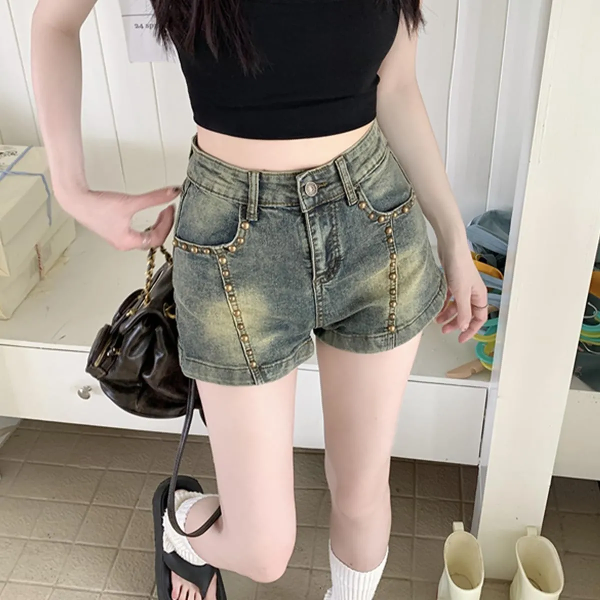 Vintage Harajuku Women's High Waisted Jeans Short Y2K Streetwear Gothic Gradual Slim Denim Shorts