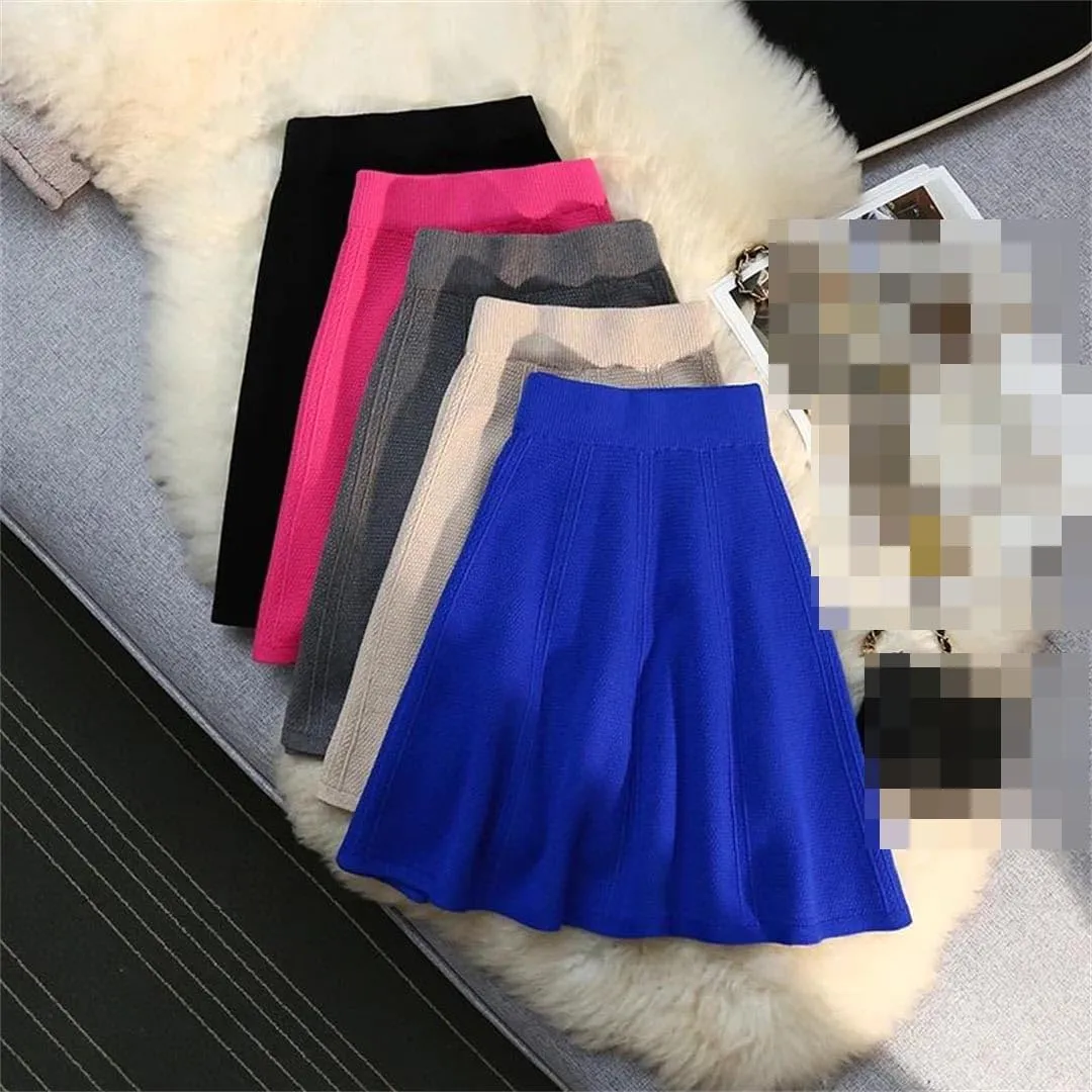 Vsadsau Women's Solid Color Knitted Pleated Mini Skirt Autumn Winter Solid Color A-Line Skirts