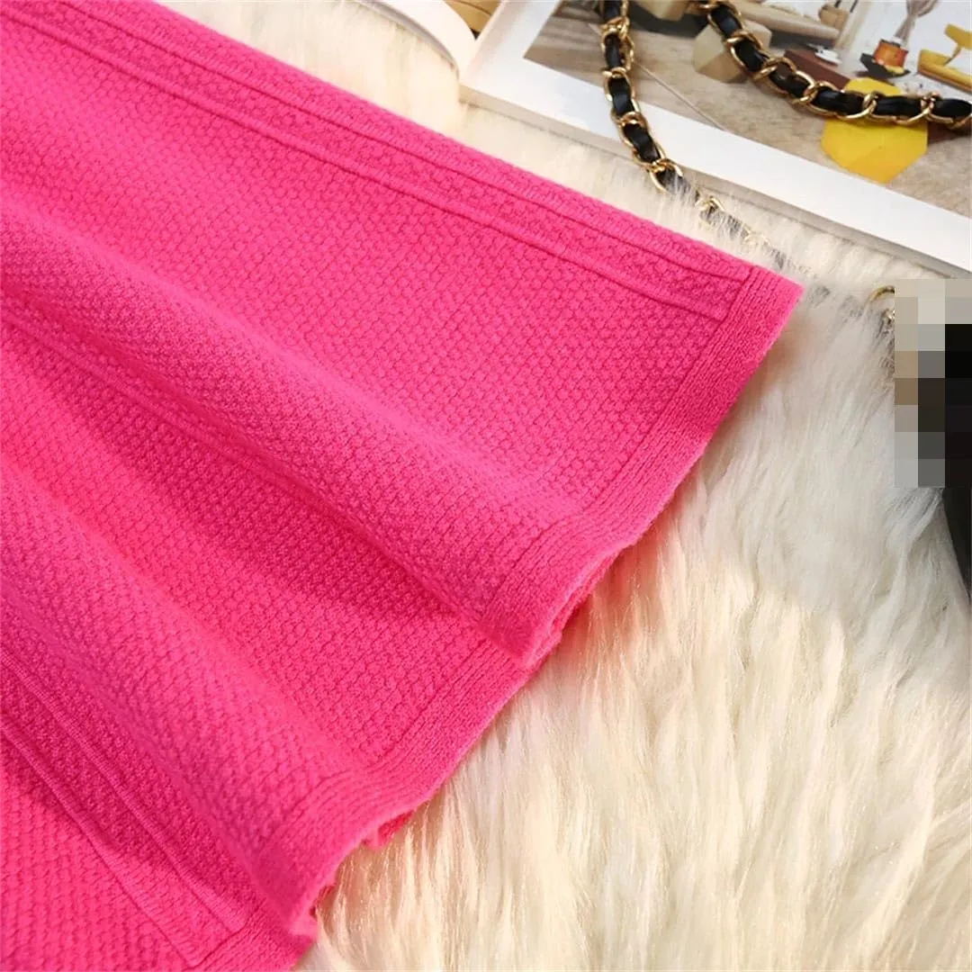 Vsadsau Women's Solid Color Knitted Pleated Mini Skirt Autumn Winter Solid Color A-Line Skirts