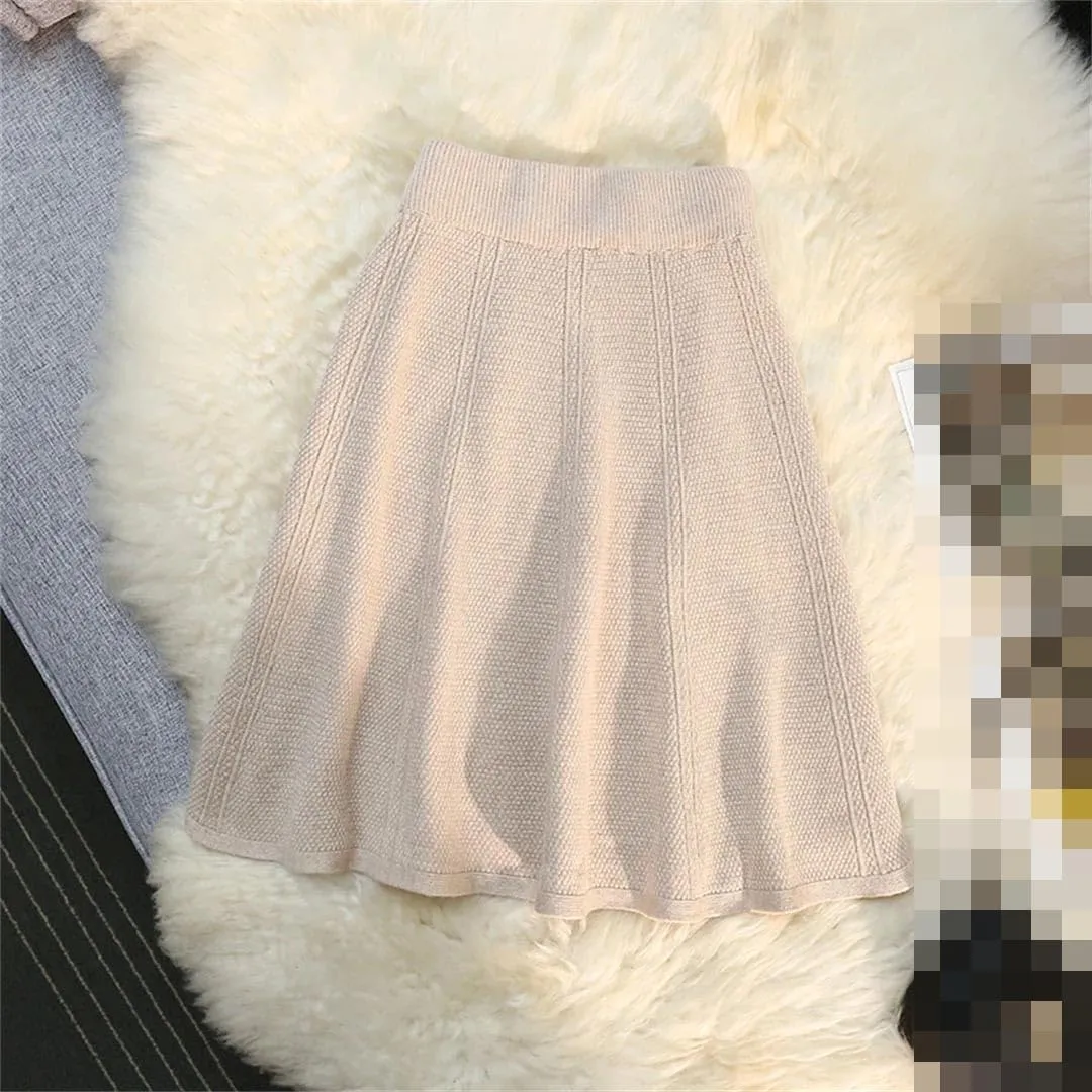 Vsadsau Women's Solid Color Knitted Pleated Mini Skirt Autumn Winter Solid Color A-Line Skirts