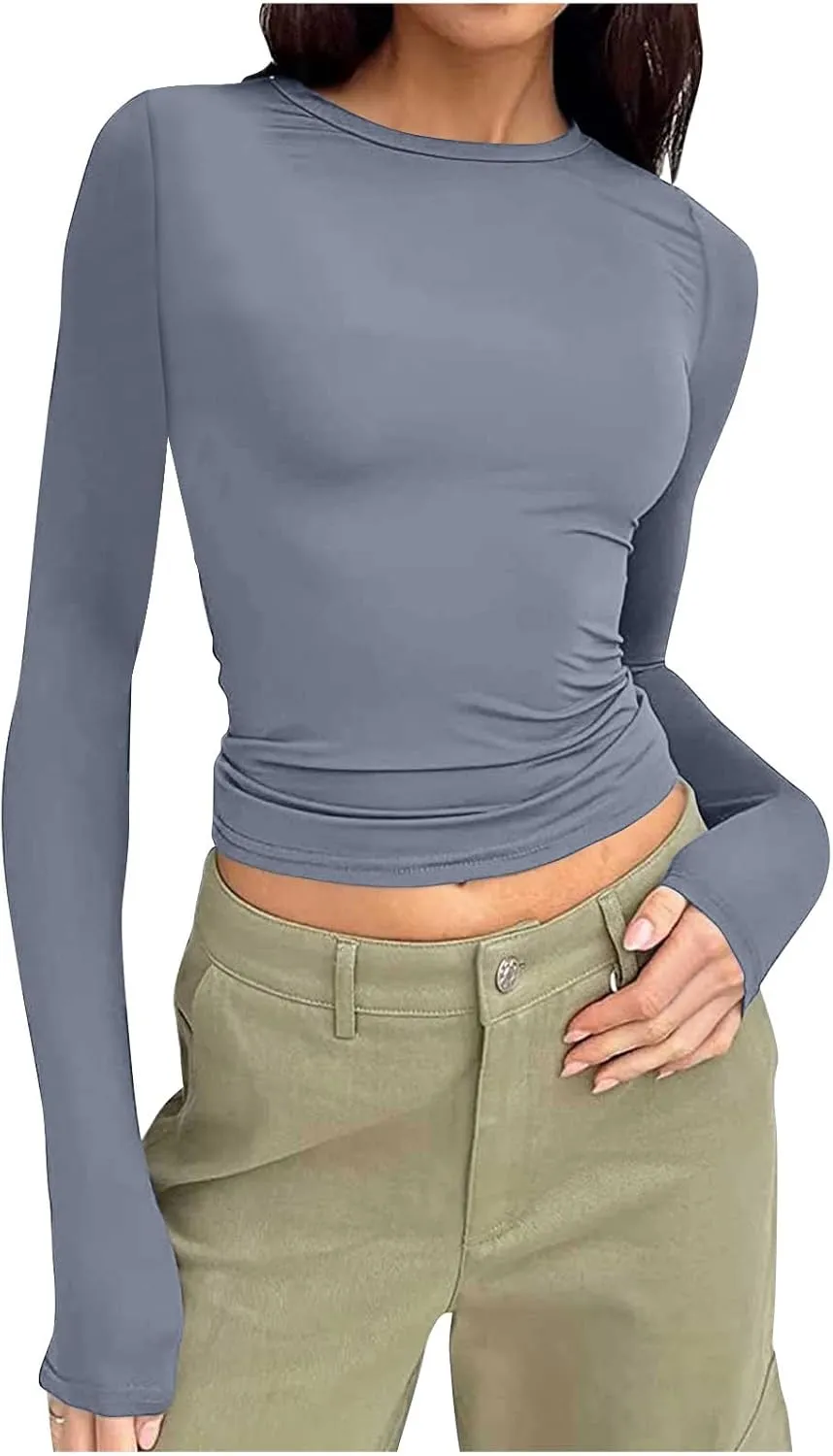 Warm Long Sleeve Tops for Women Casual Stretch Basic Tees Fashion Going Out Tees Slim Blouse Matching T-Shirt