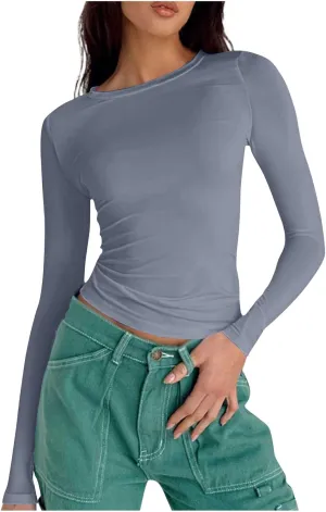 Warm Long Sleeve Tops for Women Casual Stretch Basic Tees Fashion Going Out Tees Slim Blouse Matching T-Shirt