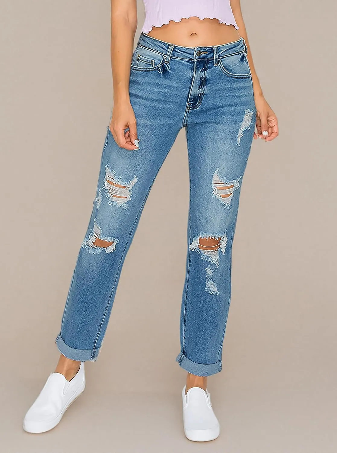 WAX JEAN Women's Boyfriend Jeans with Destructed Blown Knee and Rolled Cuff