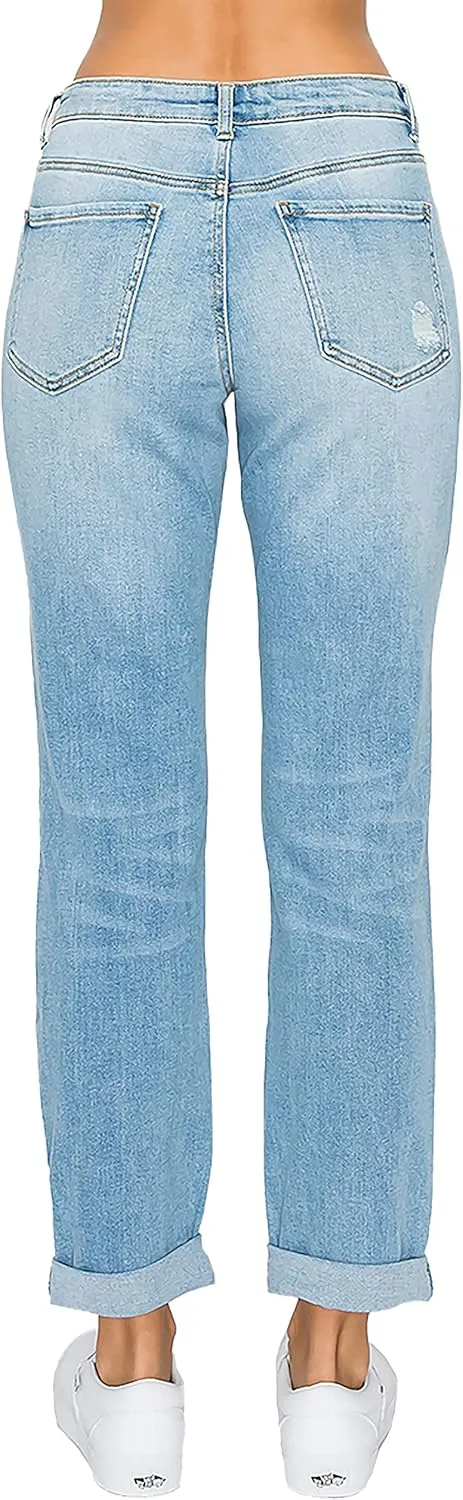 WAX JEAN Women's Boyfriend Jeans with Destructed Blown Knee and Rolled Cuff