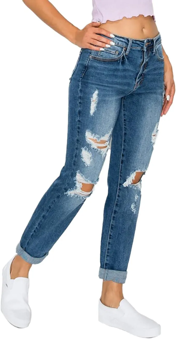 WAX JEAN Women's Boyfriend Jeans with Destructed Blown Knee and Rolled Cuff