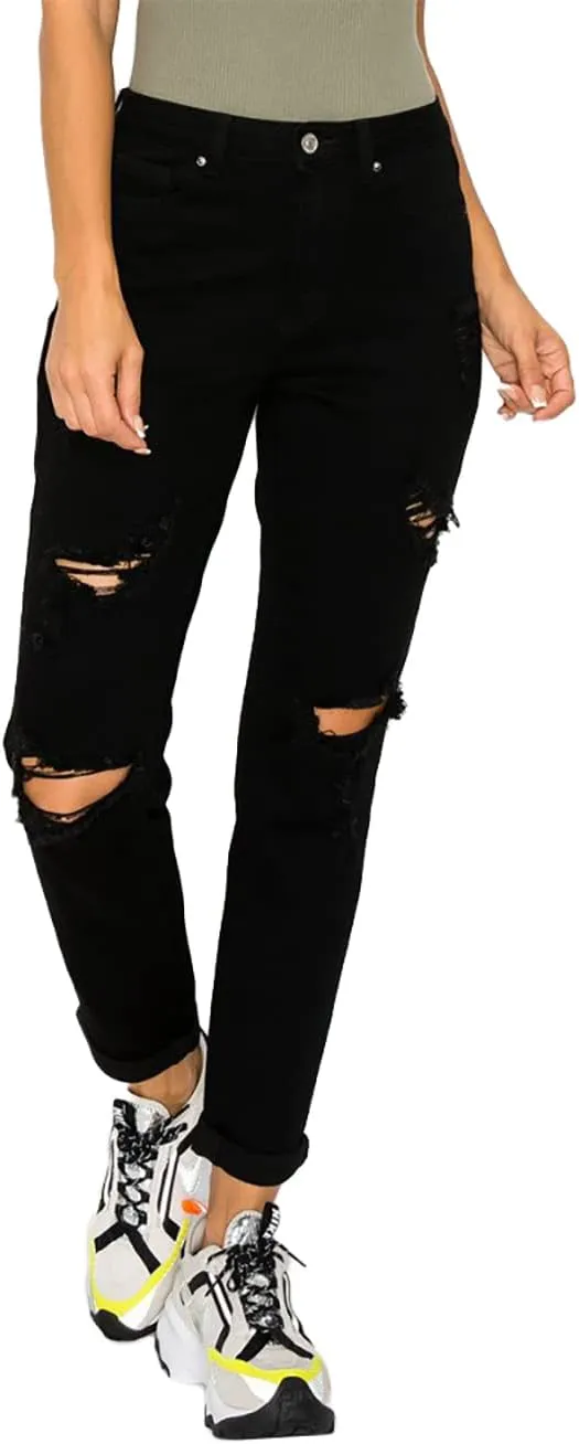 WAX JEAN Women's Boyfriend Jeans with Destructed Blown Knee and Rolled Cuff