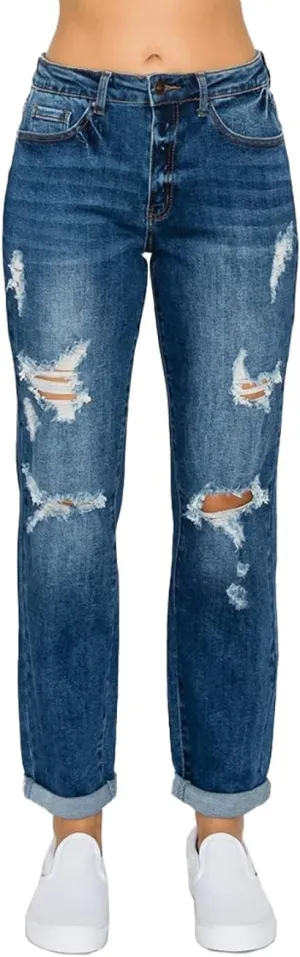 WAX JEAN Women's Boyfriend Jeans with Destructed Blown Knee and Rolled Cuff