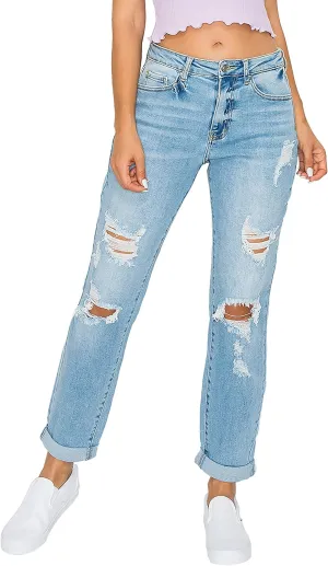 WAX JEAN Women's Boyfriend Jeans with Destructed Blown Knee and Rolled Cuff