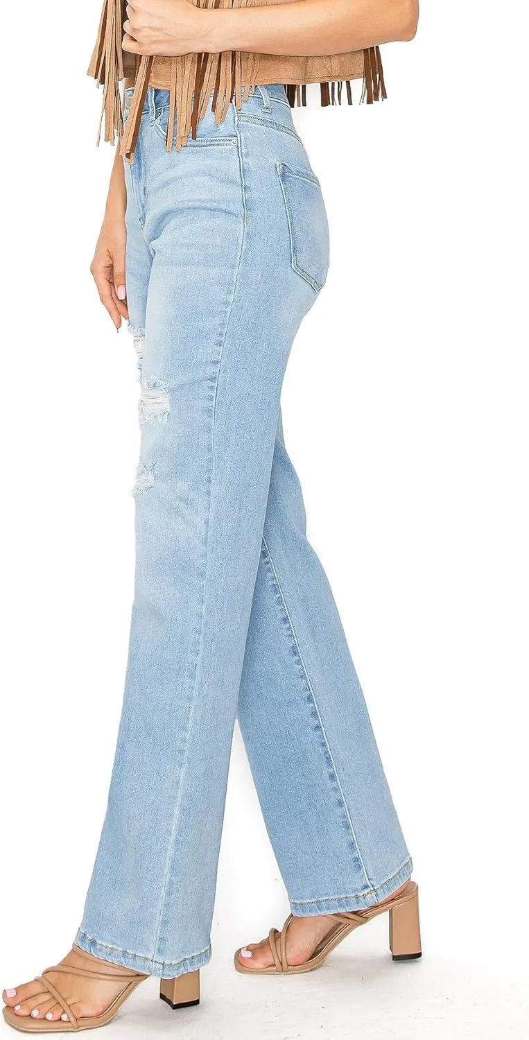WAX JEAN Women's Boyfriend Jeans with Destructed Blown Knee and Rolled Cuff