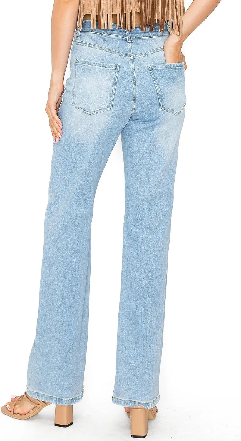 WAX JEAN Women's Boyfriend Jeans with Destructed Blown Knee and Rolled Cuff