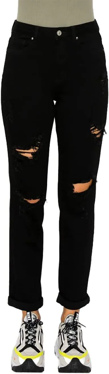 WAX JEAN Women's Boyfriend Jeans with Destructed Blown Knee and Rolled Cuff