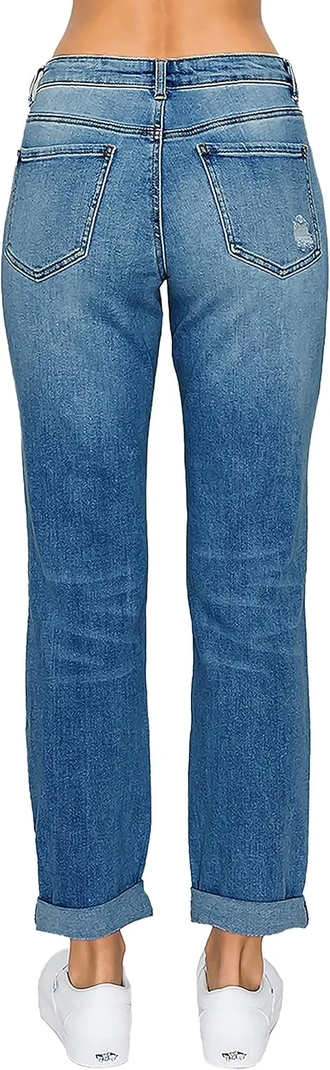 WAX JEAN Women's Boyfriend Jeans with Destructed Blown Knee and Rolled Cuff