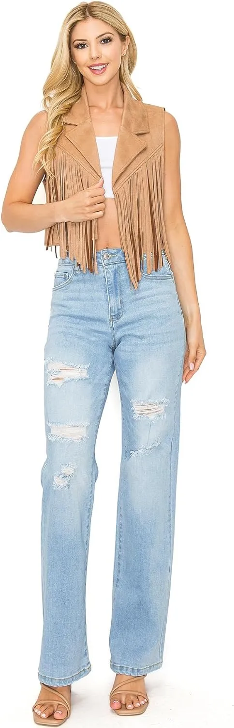 WAX JEAN Women's Boyfriend Jeans with Destructed Blown Knee and Rolled Cuff