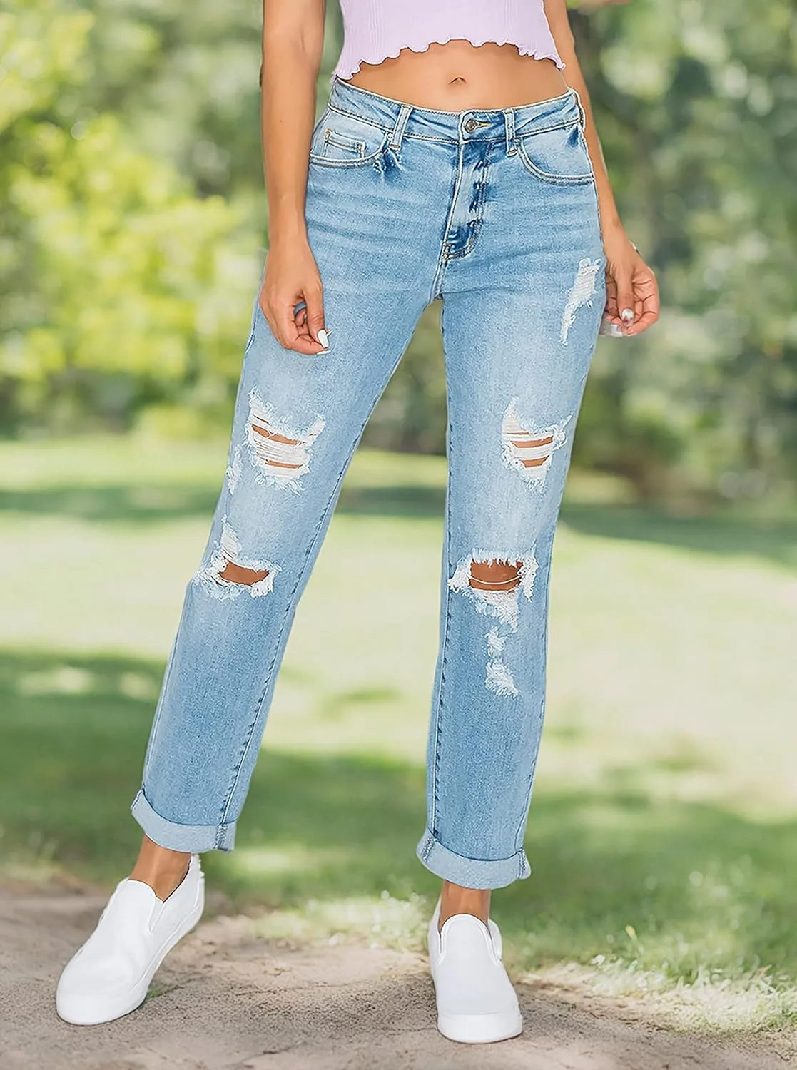WAX JEAN Women's Boyfriend Jeans with Destructed Blown Knee and Rolled Cuff