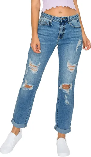 WAX JEAN Women's Boyfriend Jeans with Destructed Blown Knee and Rolled Cuff