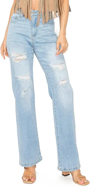 WAX JEAN Women's Boyfriend Jeans with Destructed Blown Knee and Rolled Cuff