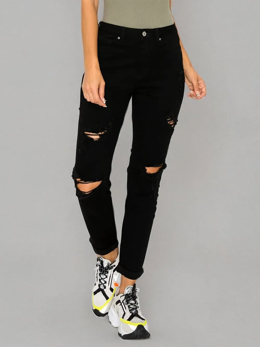 WAX JEAN Women's Boyfriend Jeans with Destructed Blown Knee and Rolled Cuff