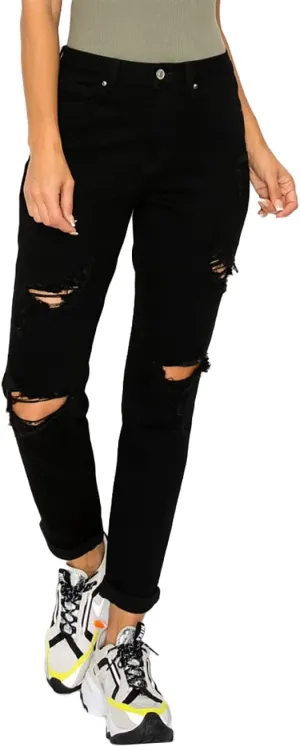WAX JEAN Women's Boyfriend Jeans with Destructed Blown Knee and Rolled Cuff